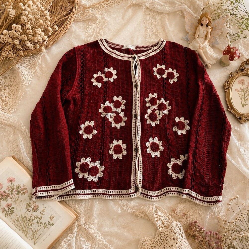 Sapphire Daisy Cardigan Sweater Cottagecore Fairycore Floral Crochet Knit L